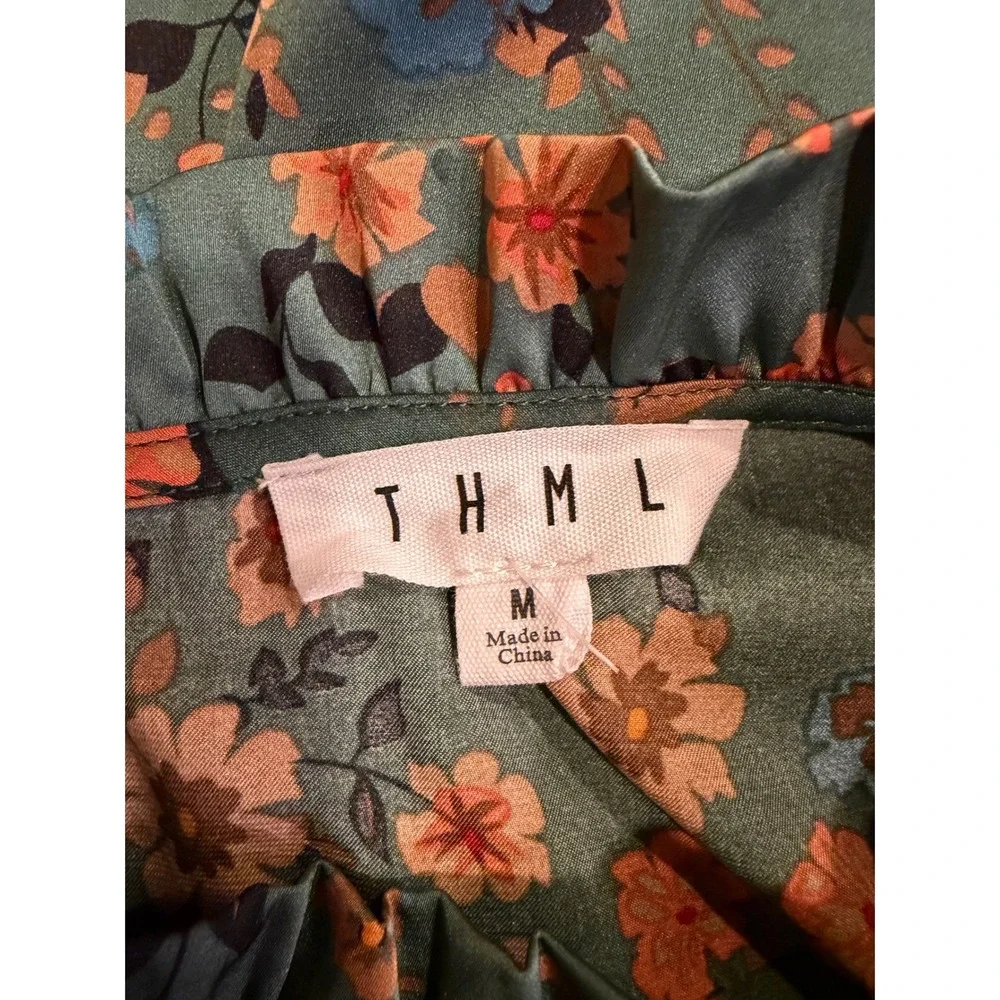 THML Floral Smocked Blouse Medium Green Orange Cottagecore Boho Romantic - Picture 2 of 5